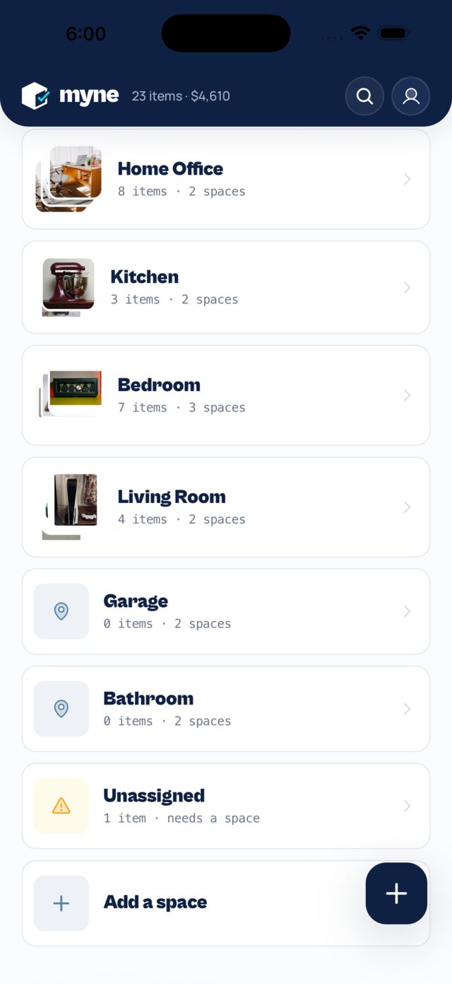 Spaces — belongings organized by room, with item and sub-space counts and an unassigned bucket.