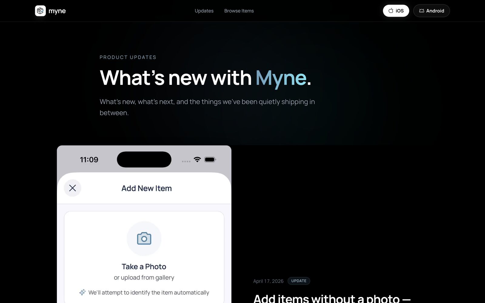 Product updates — changelog with an embedded shot of the in-app Add Item camera flow.