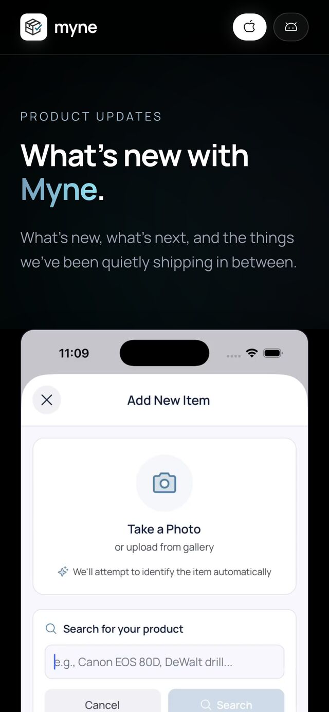 Updates on mobile — the in-app Add New Item capture and product-search UI.