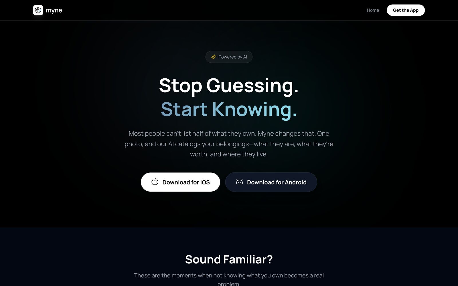 “Stop Guessing. Start Knowing.” — the AI value proposition, badged Powered by AI.
