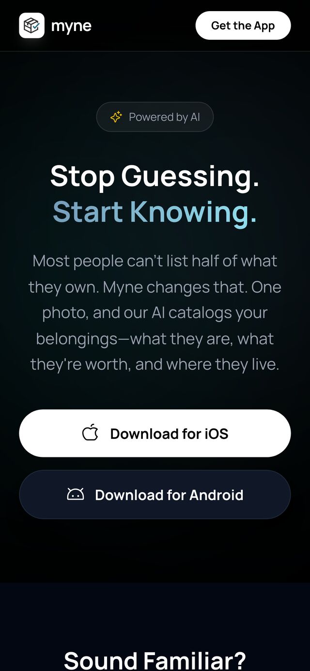Why Myne on mobile — the headline and the “Sound Familiar?” section.