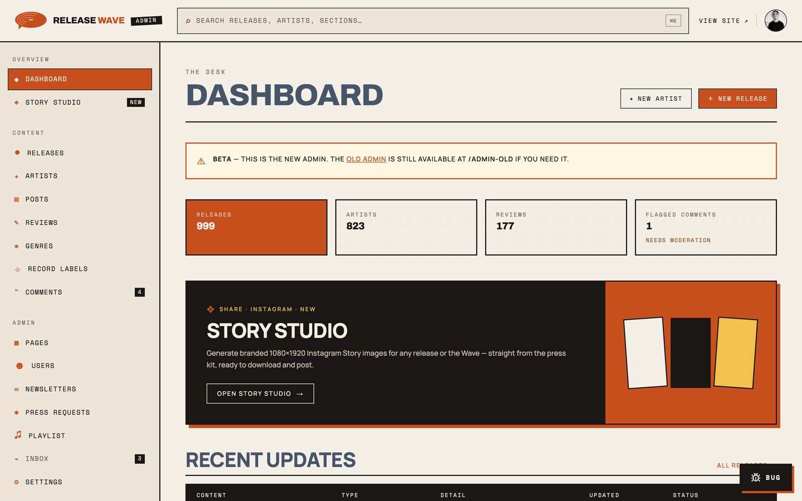 Admin dashboard — the editorial back office the MCP writes into: catalog stats, Story Studio, and a full content sidebar.