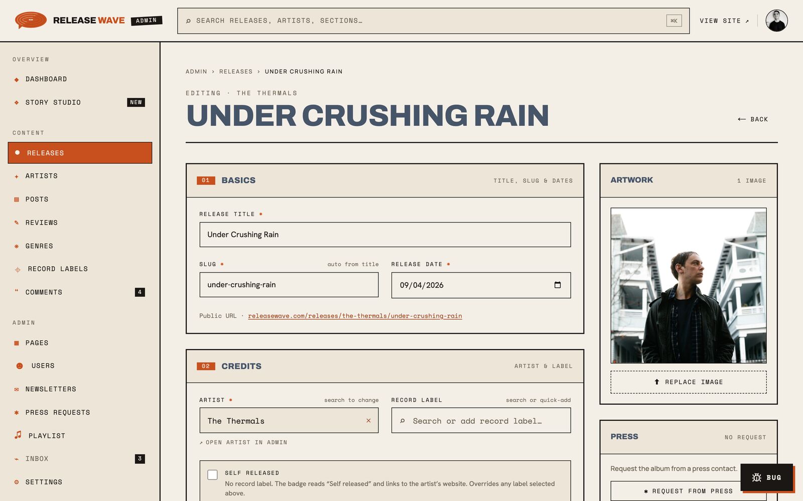 Release editor — the structured form (basics, credits, artwork, press) that both editors and the MCP populate.