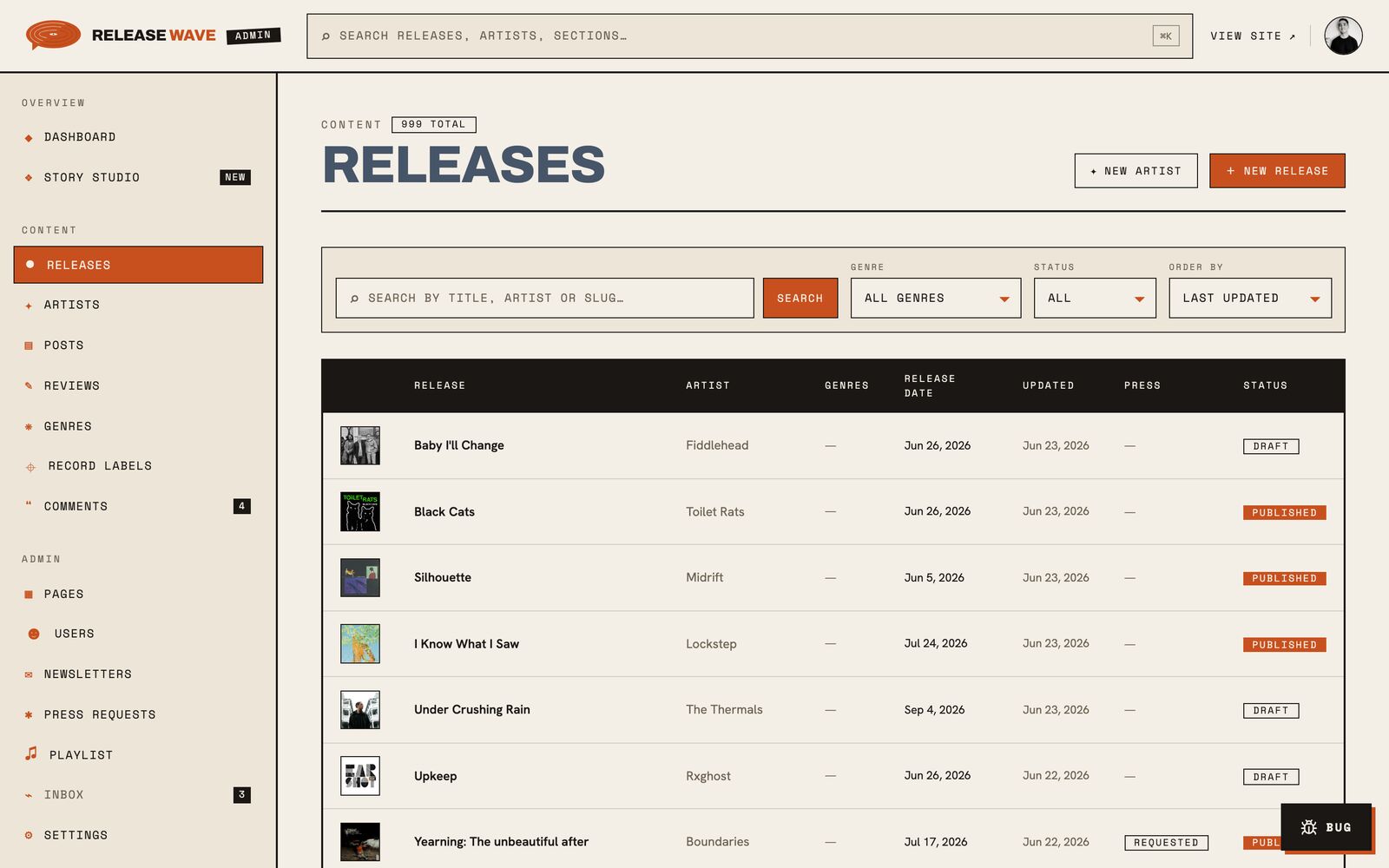 Release management — a filterable table of the full catalog with draft / published status and press state.