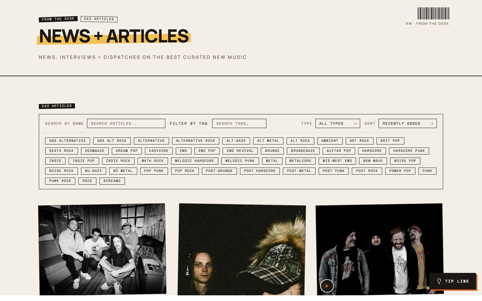 News index — a lead story with band photography and genre tags.