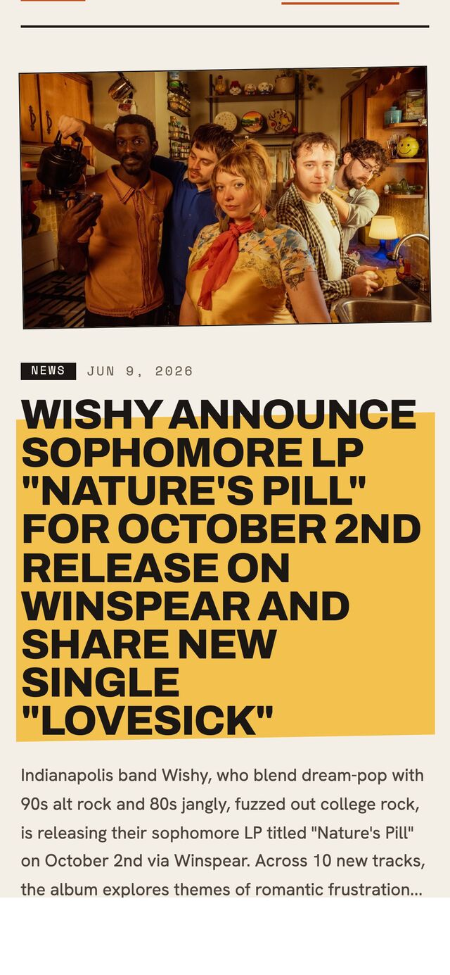 Articles feed on mobile — a band photo under a bold yellow headline block.