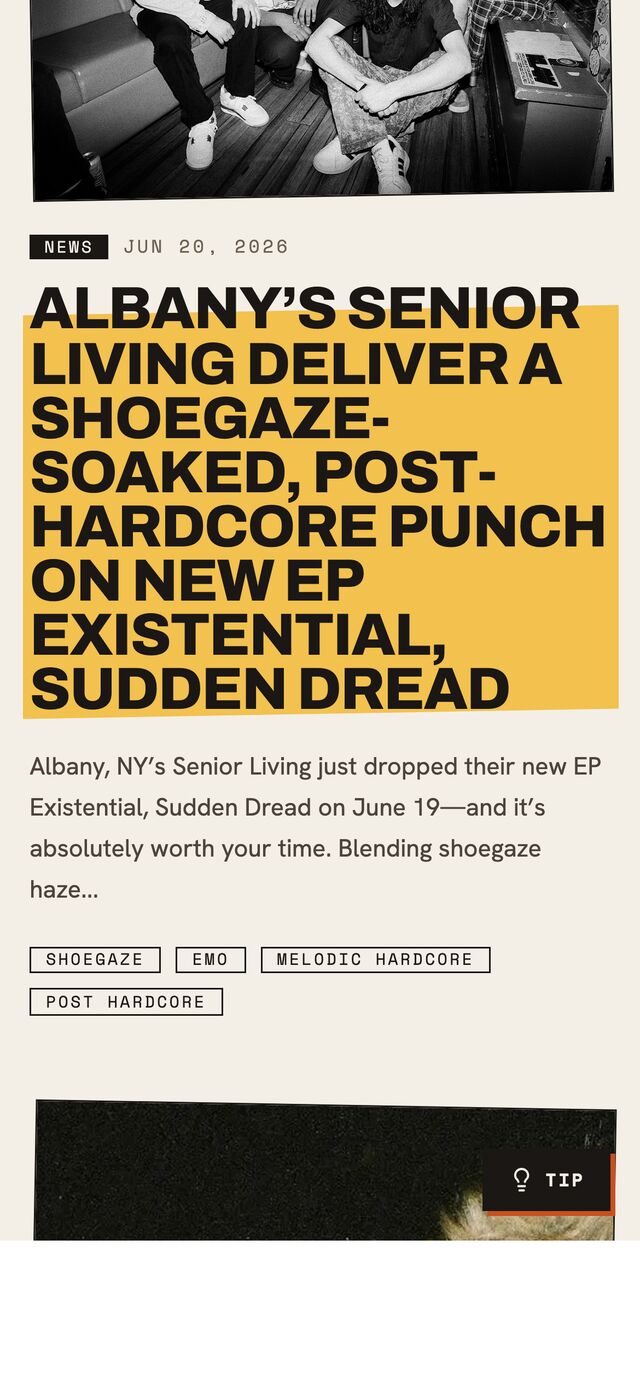 Articles feed on mobile — a band photo under a bold yellow headline block.