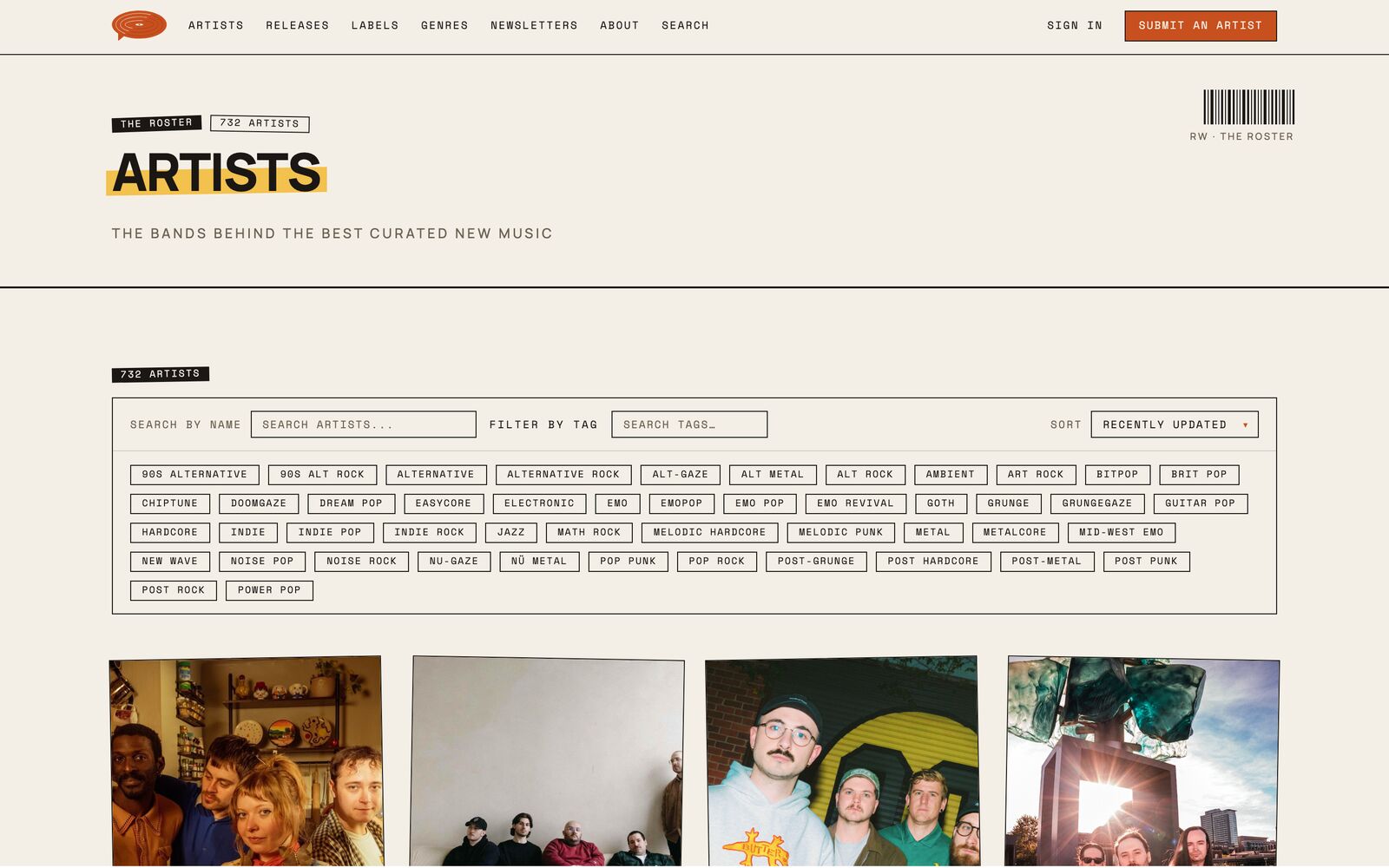 Artists directory — 732 bands with a genre-tag filter cloud and a photo grid.
