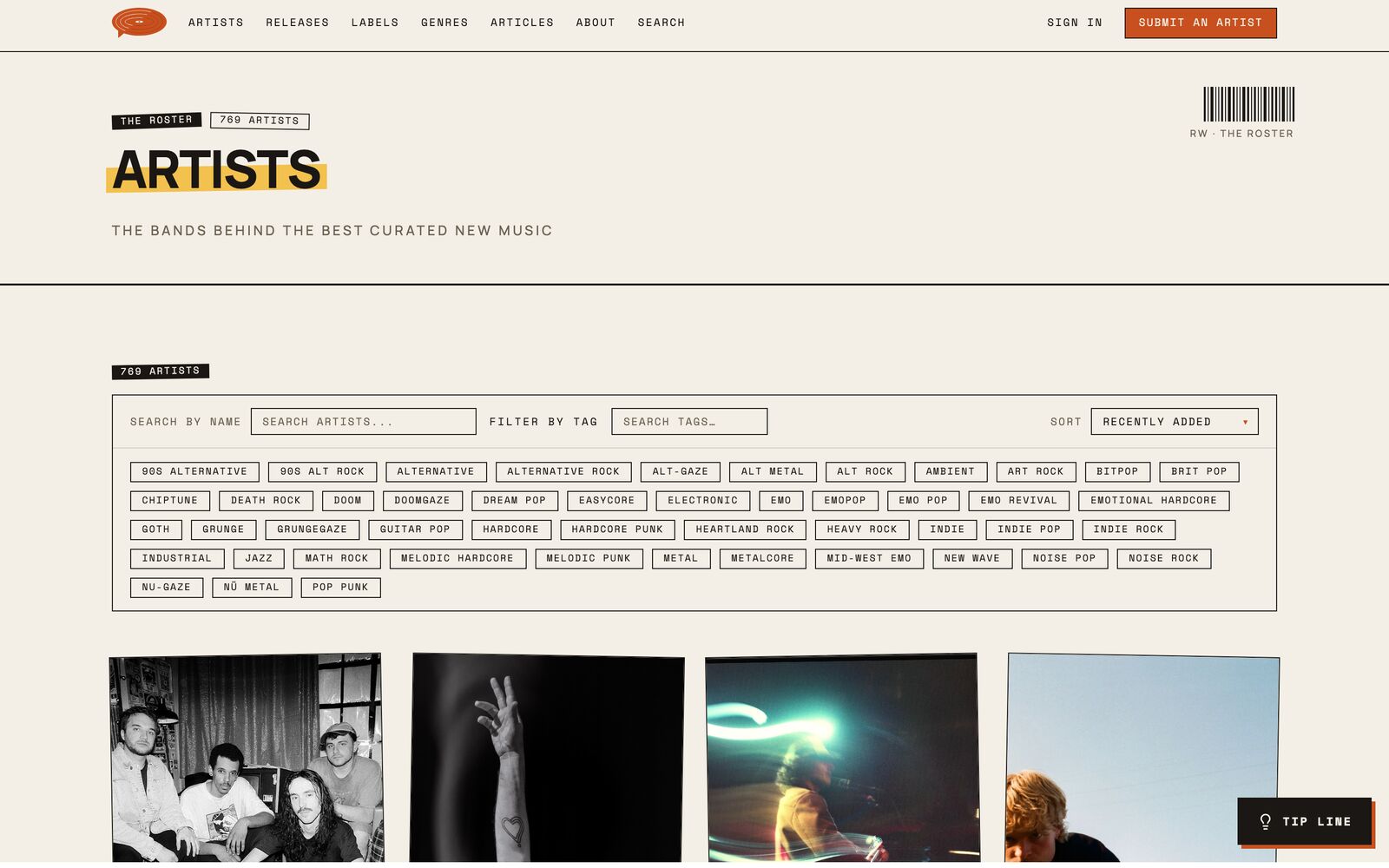 Artists directory — 769 bands with a genre-tag filter cloud and a photo grid.