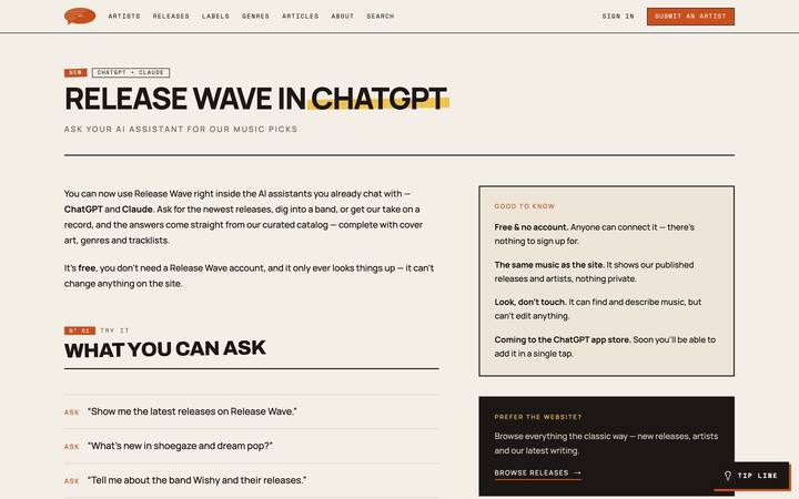 “Release Wave in ChatGPT” — the public MCP connector page for ChatGPT and Claude, read-only over the curated catalog.