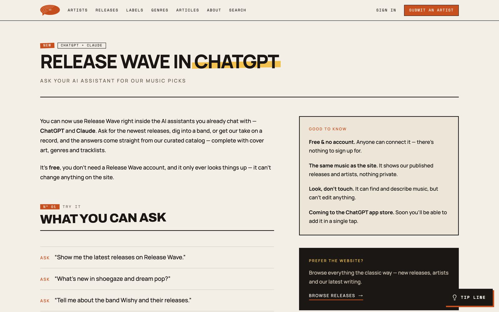 “Release Wave in ChatGPT” — the public MCP connector page for ChatGPT and Claude, read-only over the curated catalog.