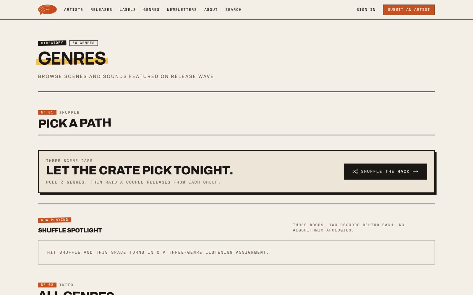 Genre browse — 40+ tags spanning dream pop, grunge, emo, and more.