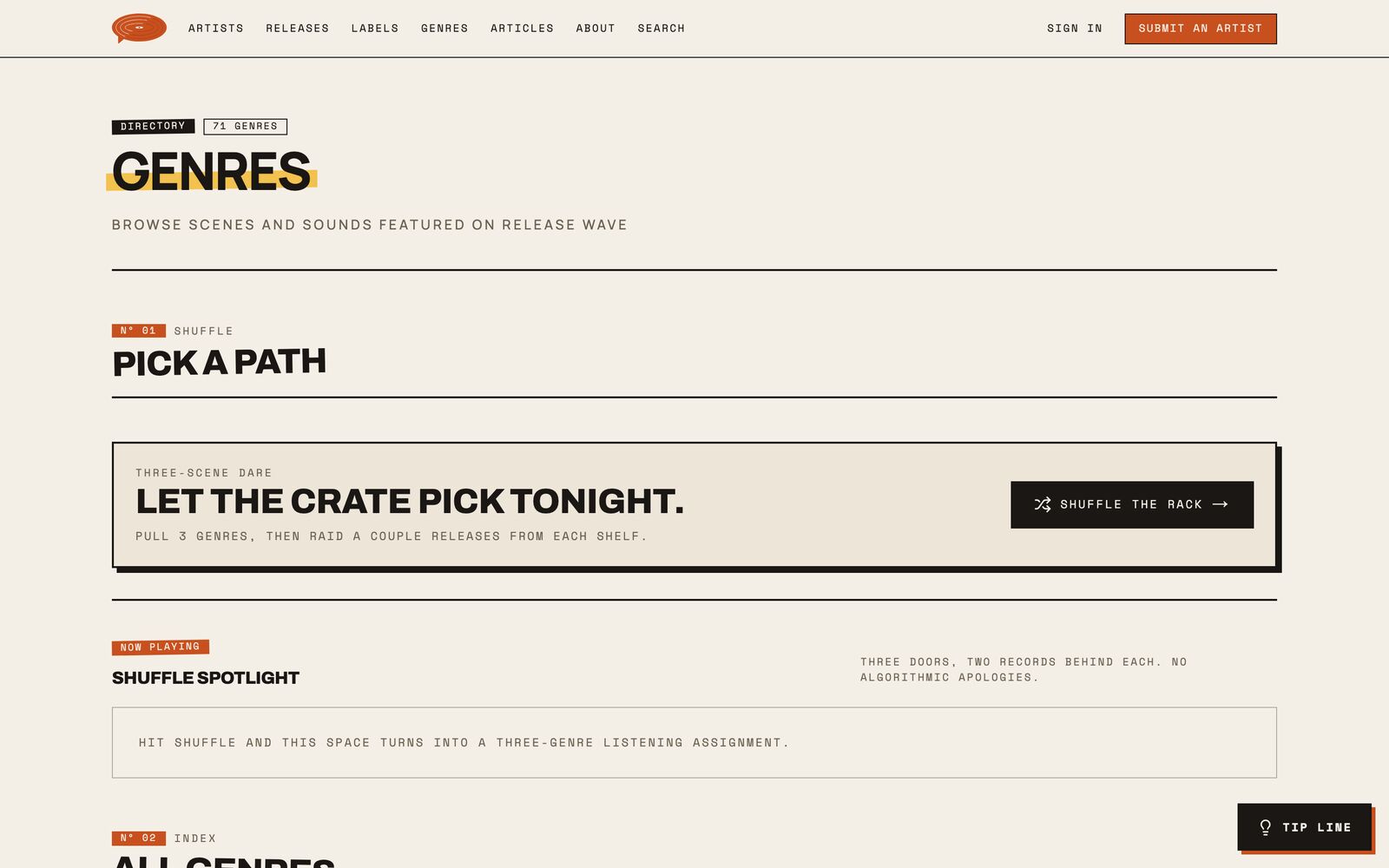 Genre browse — 40+ tags spanning dream pop, grunge, emo, and more.