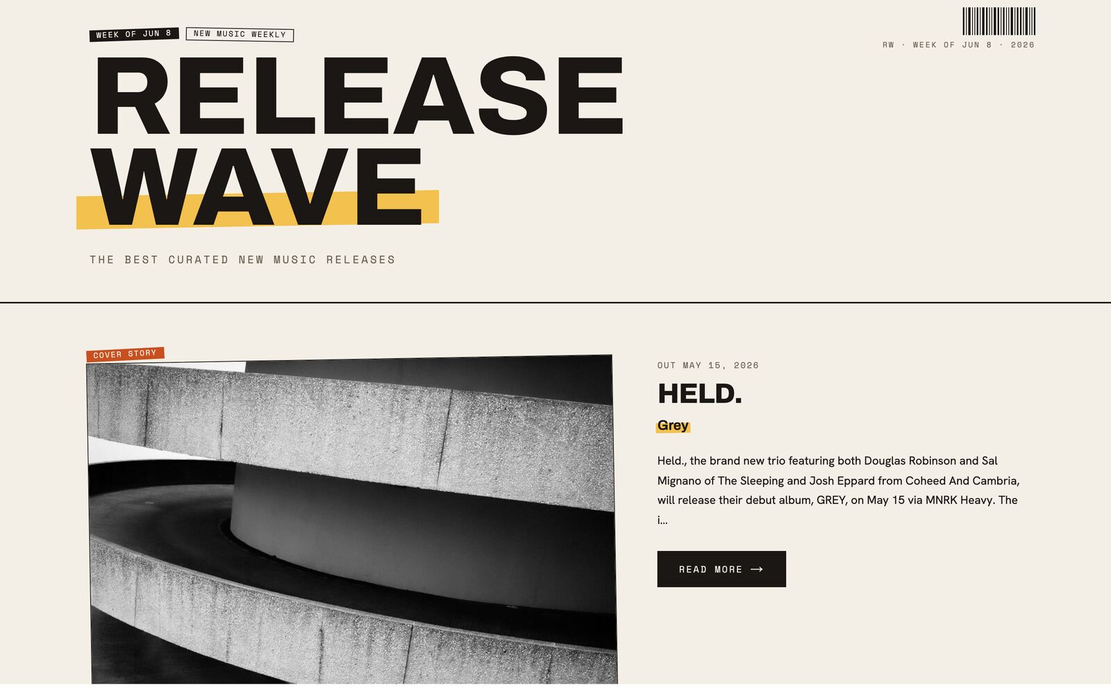 Editorial masthead — RELEASE WAVE branding over the week's cover-story album art.