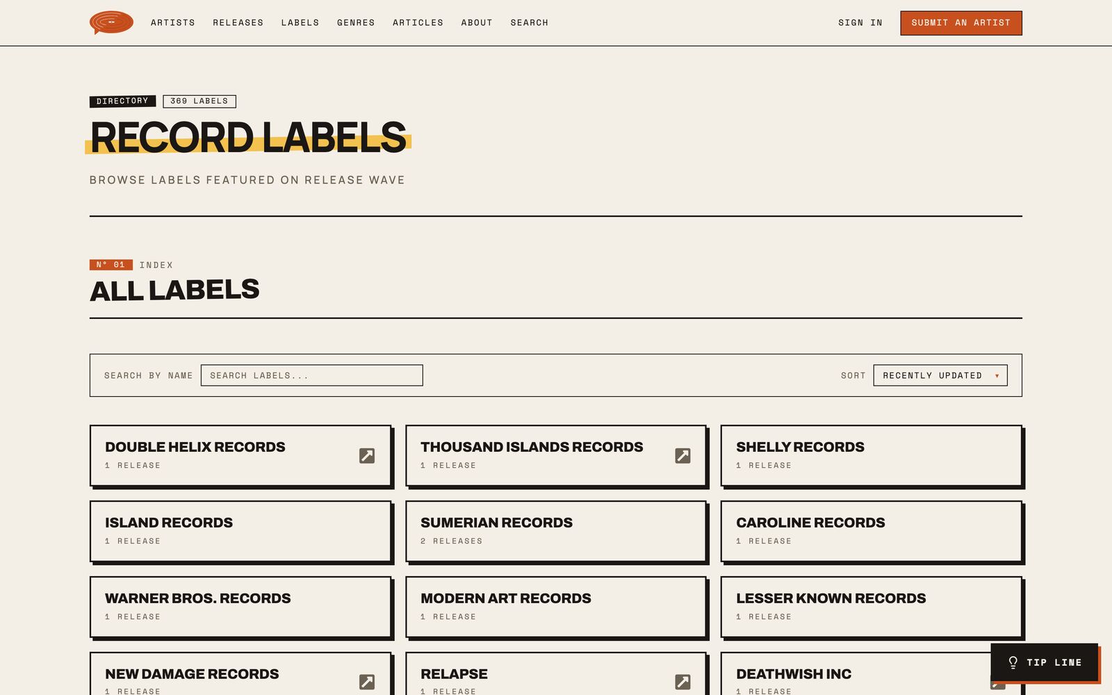Label directory — 369 record labels in a brutalist card grid with search and sorting.