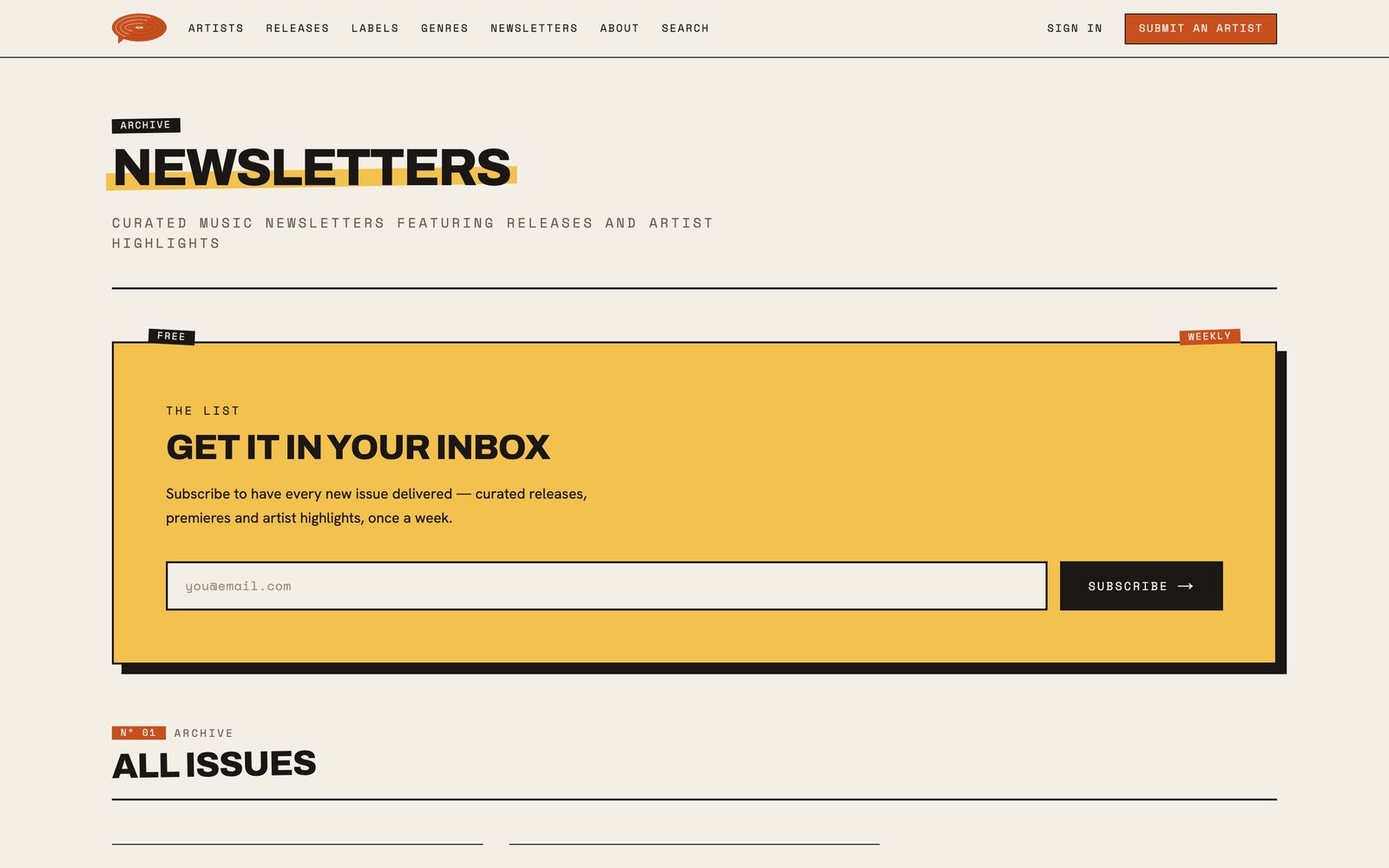 Newsletter archive — a bold yellow subscribe card.