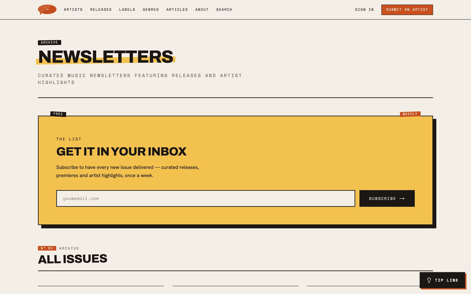 Newsletter archive — a bold yellow subscribe card.