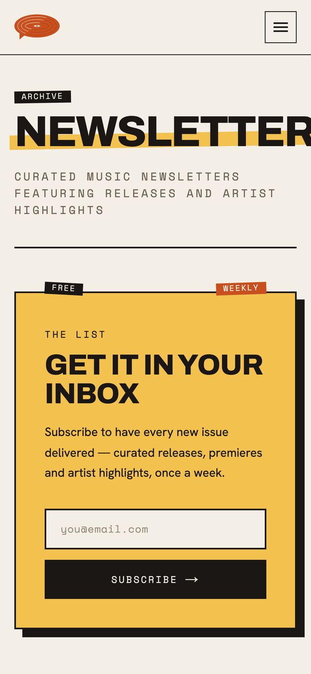 Newsletter subscribe on mobile — a prominent yellow call-to-action.