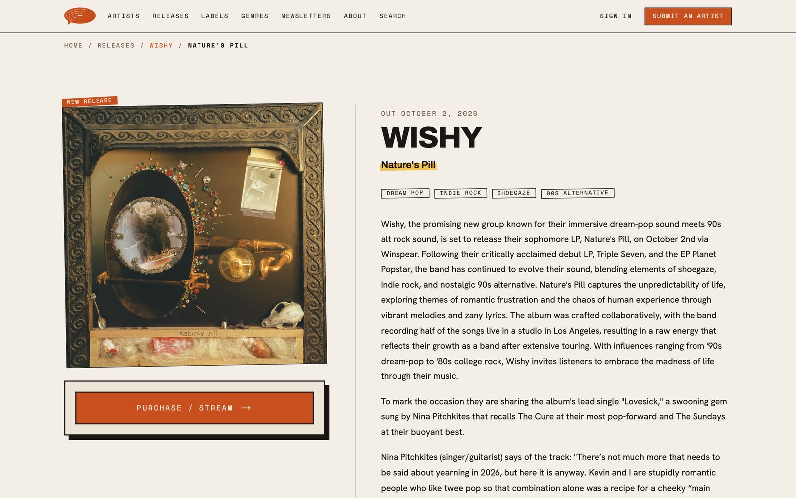 Release detail — album artwork, genre tags, and a purchase / stream CTA.