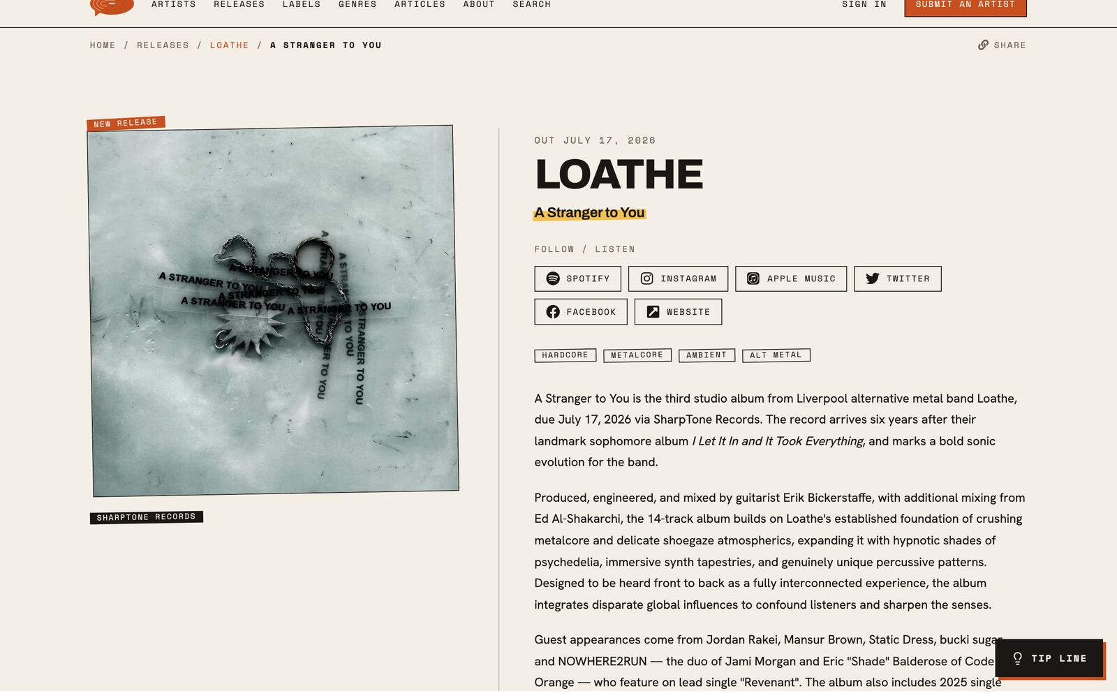 Release detail — Loathe's “A Stranger to You” with album artwork, genre tags, and stream / follow links.