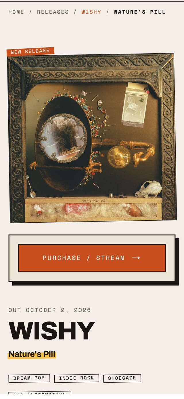 Release detail on mobile — Wishy's “Nature's Pill” cover art, full-bleed.