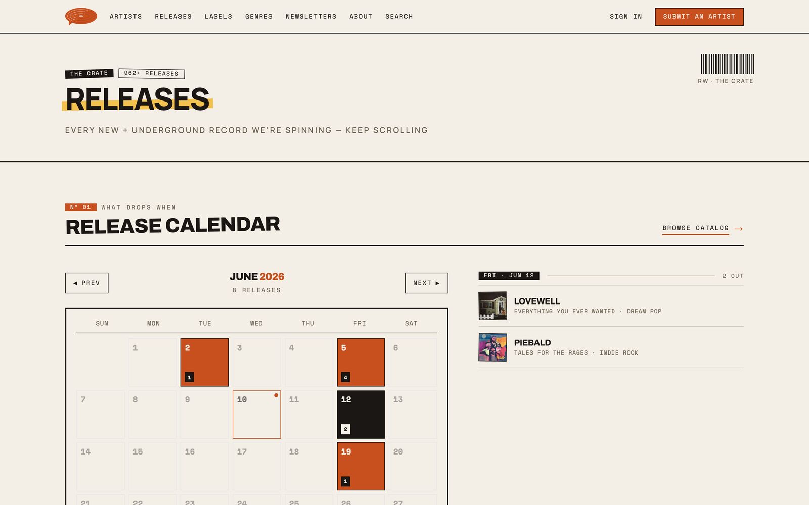 Release calendar — June 2026 with orange-highlighted drop dates.