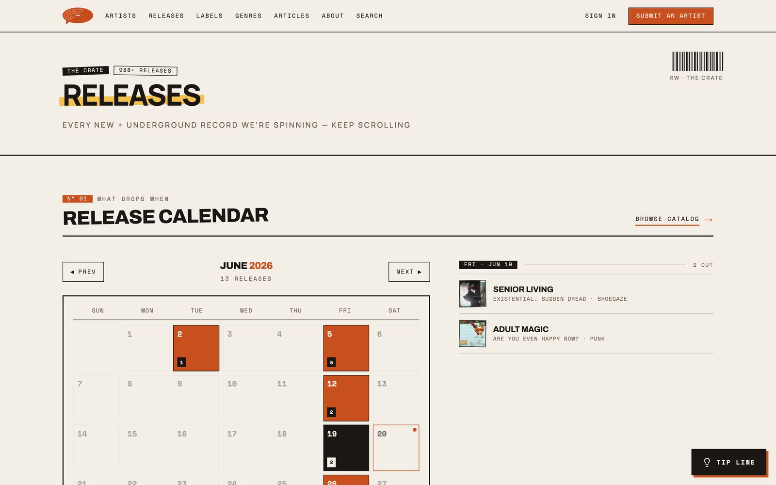 Release calendar — June 2026 with orange-highlighted drop dates across 988+ curated releases.