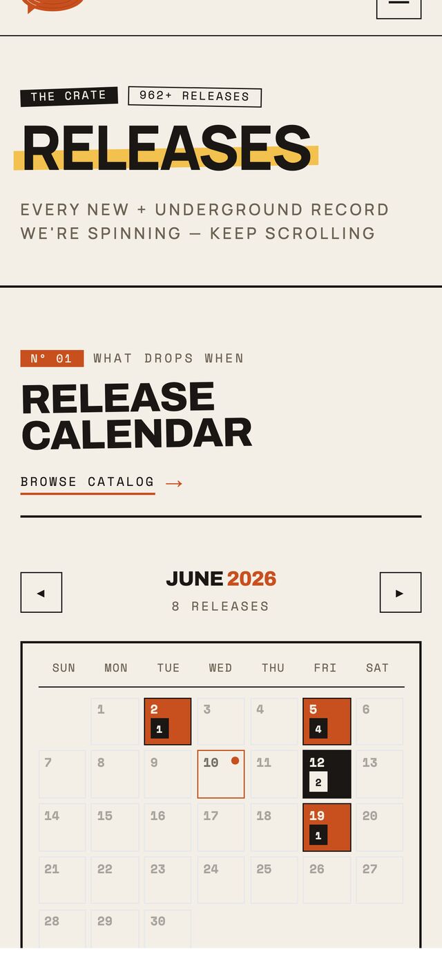 Release calendar on mobile — orange date markers for upcoming drops.