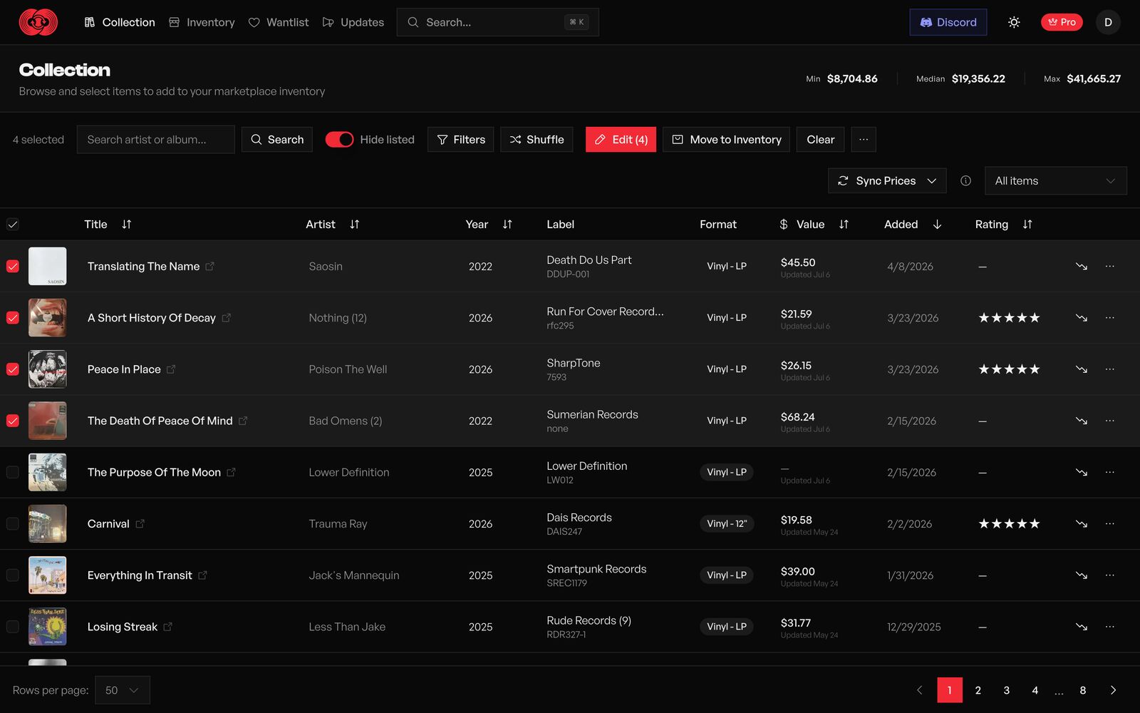 Bulk selection — four records selected, with Edit and Move to Inventory in the toolbar.