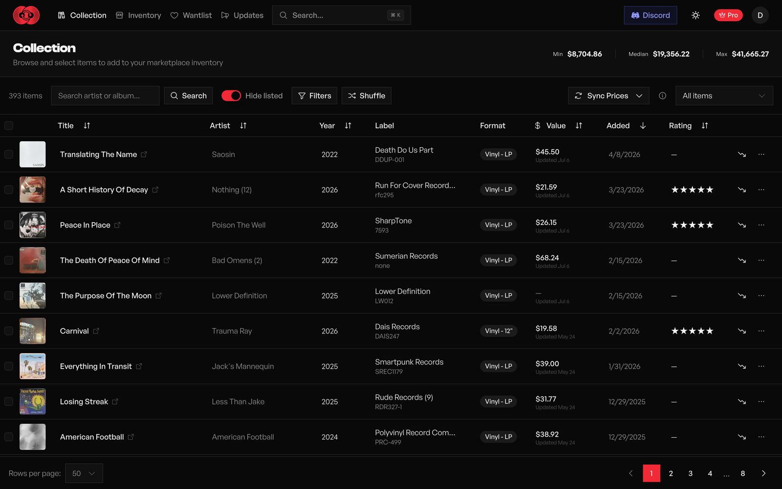 Collection — 393 records as a sortable table with value, label, format, and rating, plus min / median / max collection value.