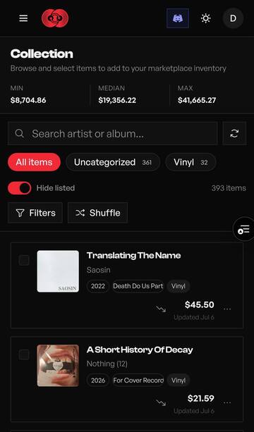 Collection on mobile — value stats, folder chips, and record cards with current value.