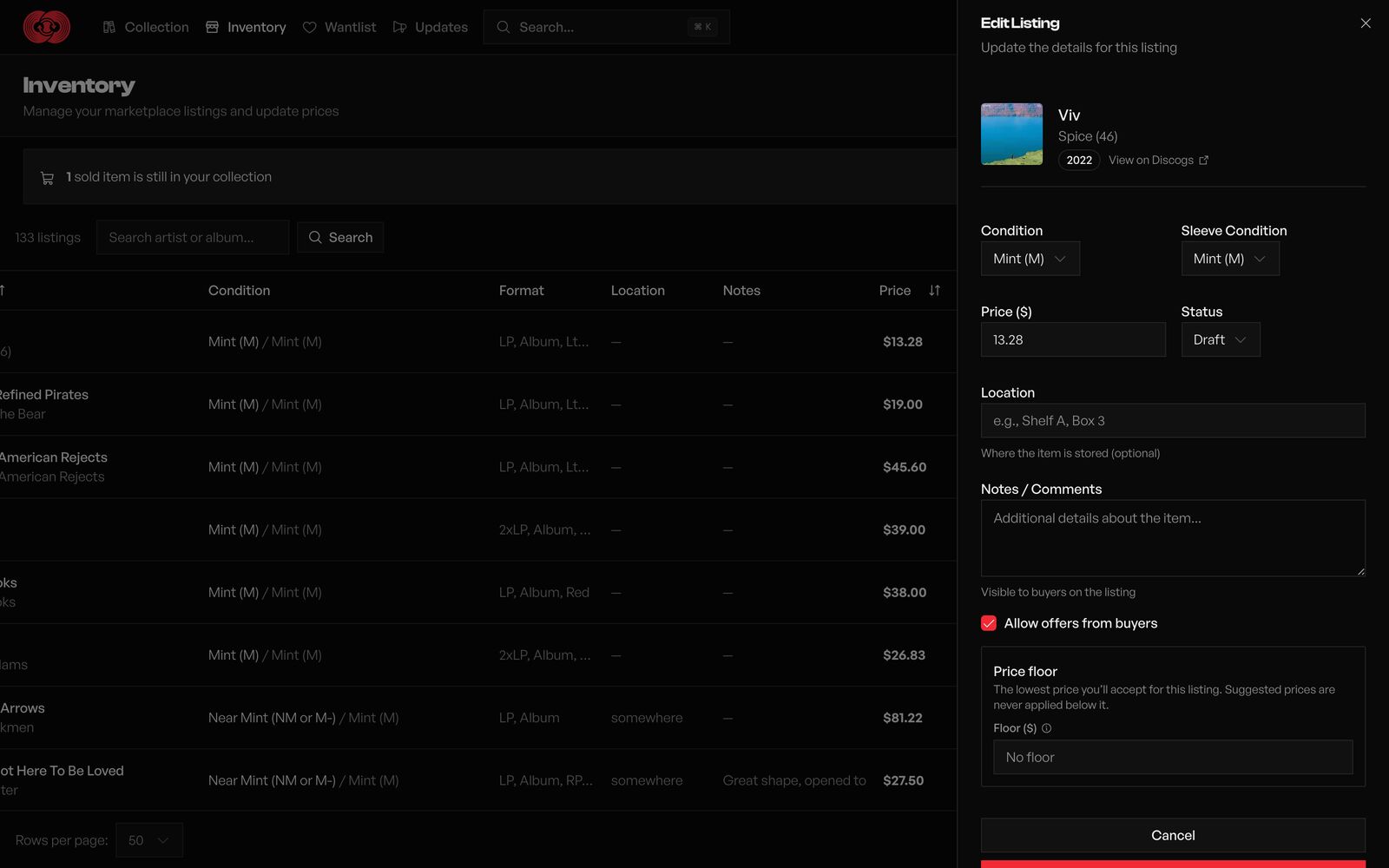 Edit listing — condition, price, status, notes, offers, and a price floor in a side sheet.