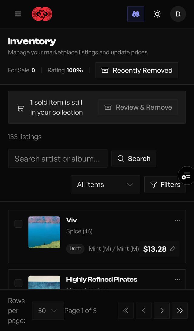 Inventory on mobile — listing cards with status, grades, and tap-to-edit prices.