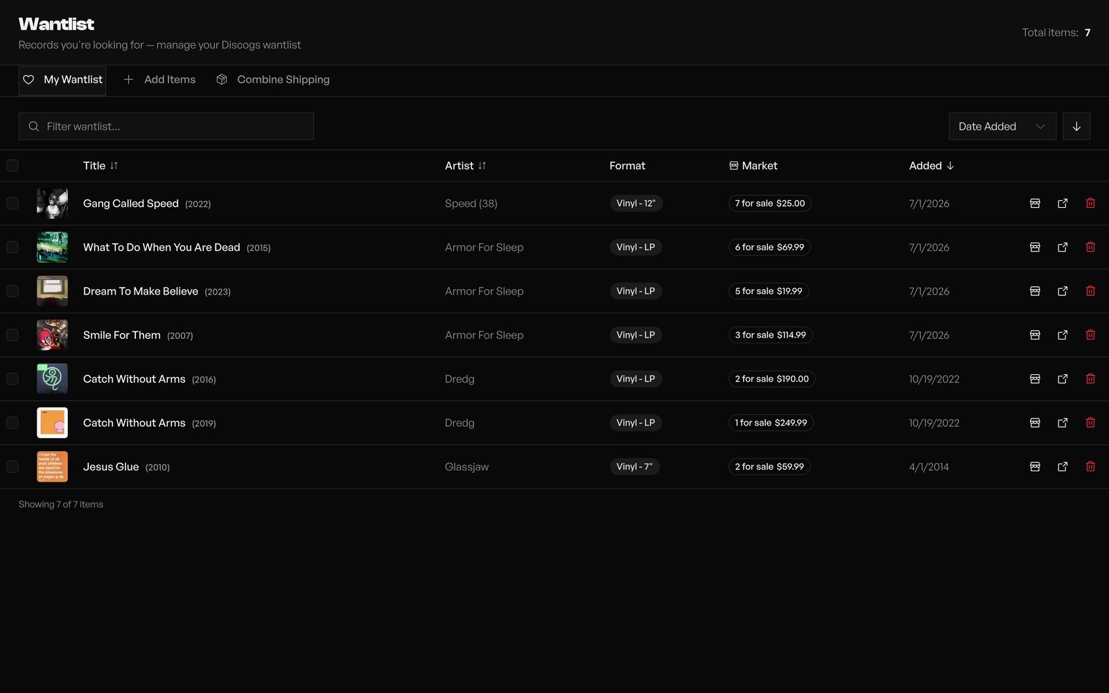 Wantlist — wanted records with live for-sale counts and lowest prices from the marketplace.