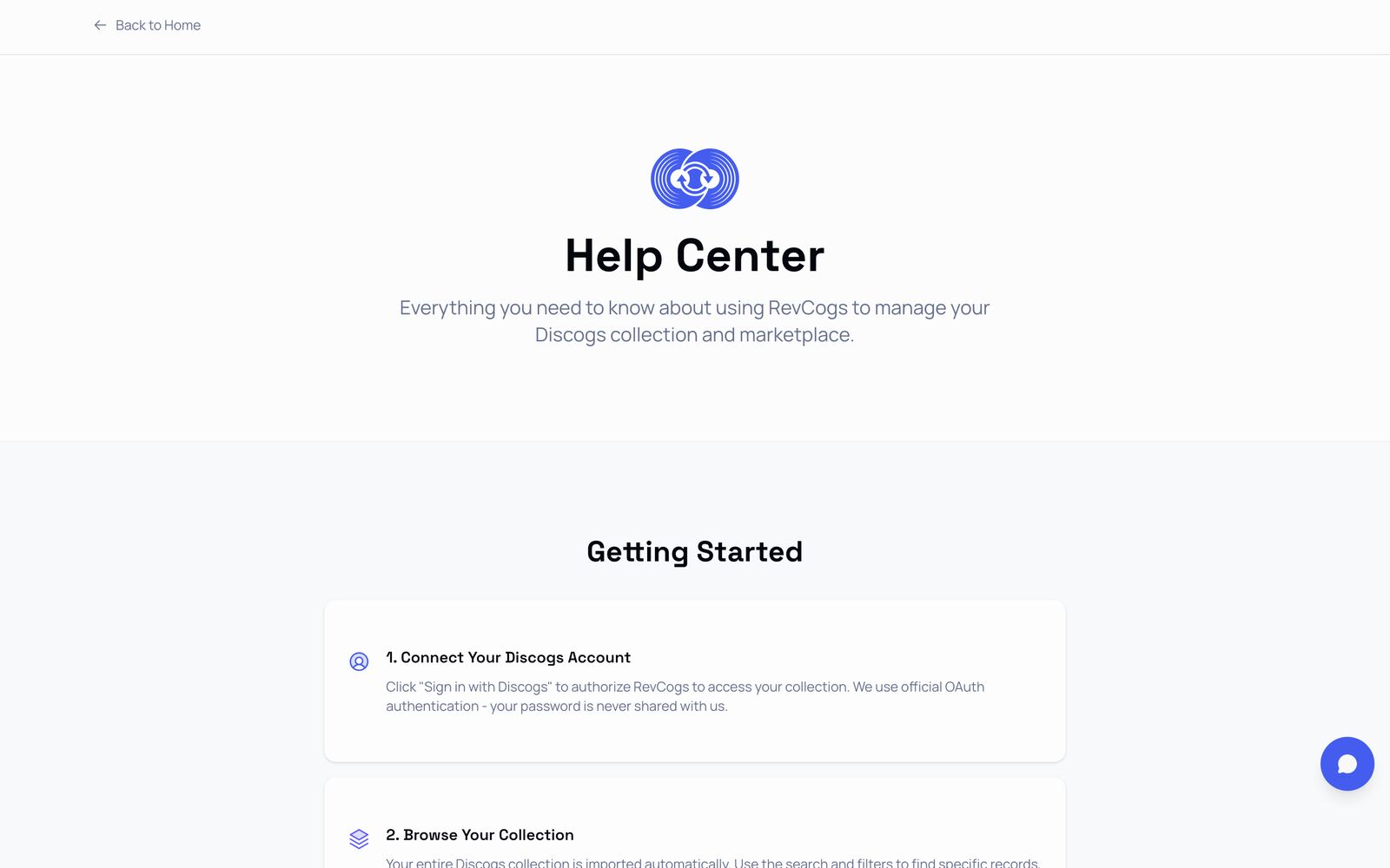 Help center — getting started, including Connect Your Discogs Account.