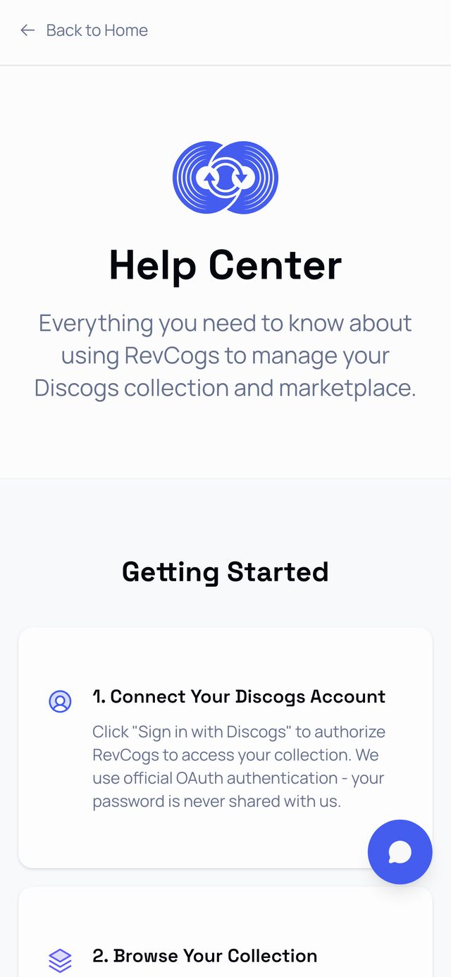 Help center on mobile — OAuth connection and collection browsing steps.