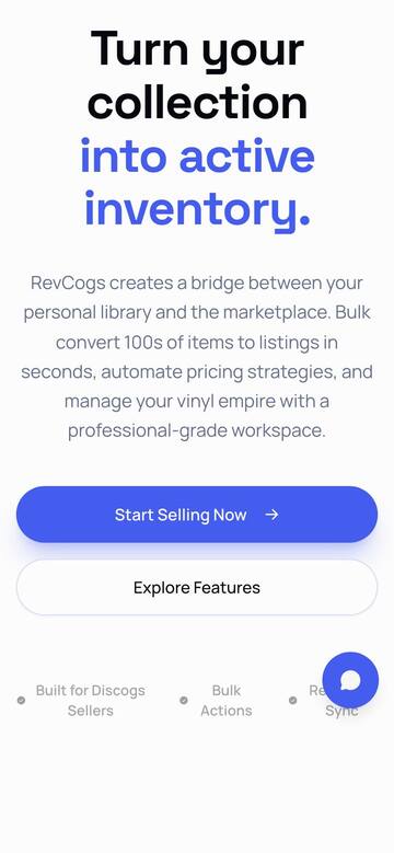 Mobile hero — Start Selling Now CTA and a feature-bullet strip.