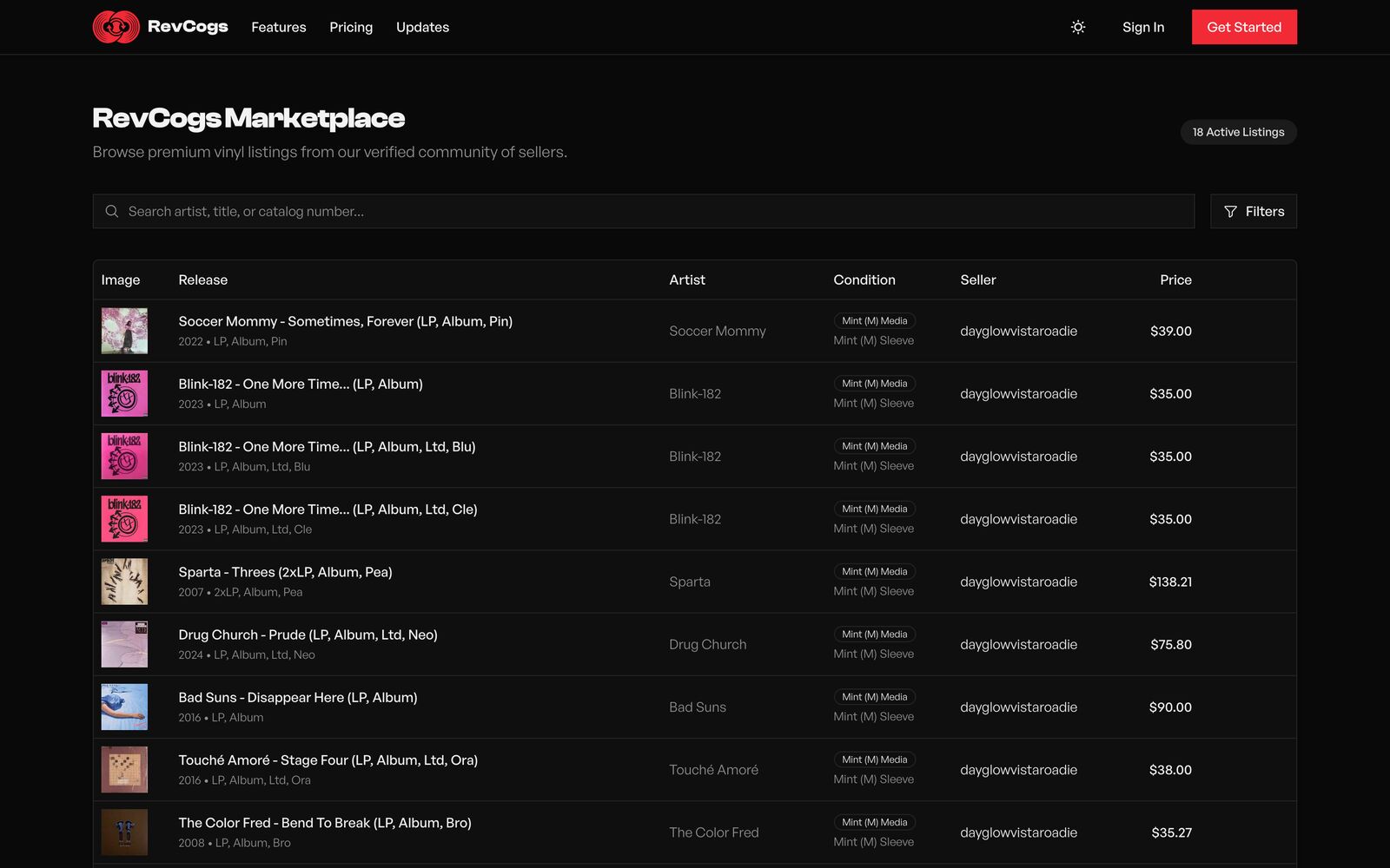 Marketplace — public listings from RevCogs sellers with condition and price.