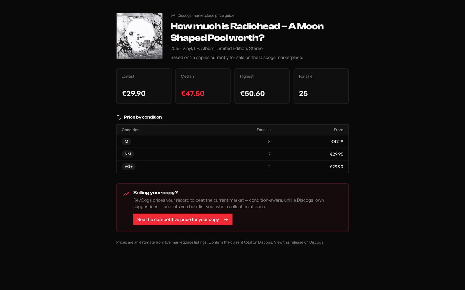 Price guide — “How much is Radiohead – A Moon Shaped Pool worth?” with lowest, median, and highest prices by condition.
