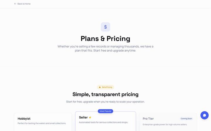 Plans and pricing — Hobbyist, Seller, and Pro tiers.