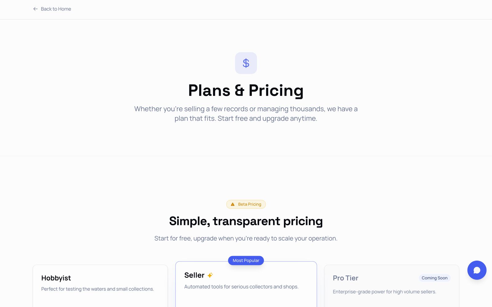 Plans and pricing — Hobbyist, Seller, and Pro tiers.