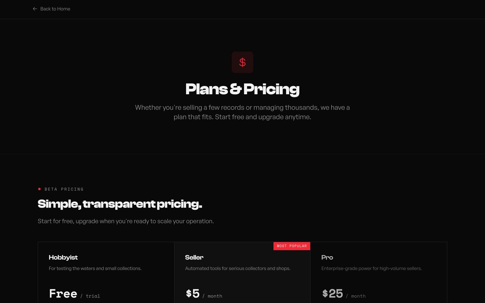 Pricing — Hobbyist, Seller, and Pro tiers under beta pricing.