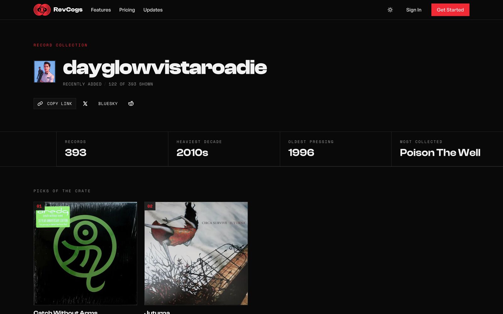 Public collection page — a shareable showcase with record count, heaviest decade, oldest pressing, and picks.