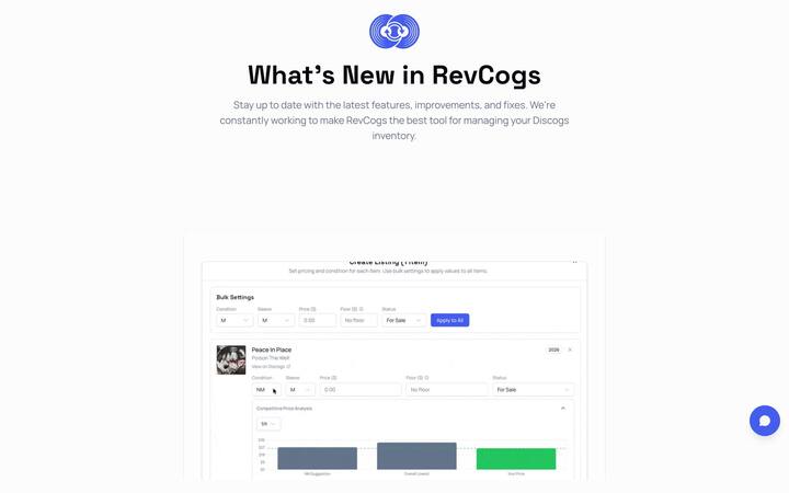 Product updates — an embedded bulk-listing UI with competitive price analysis.