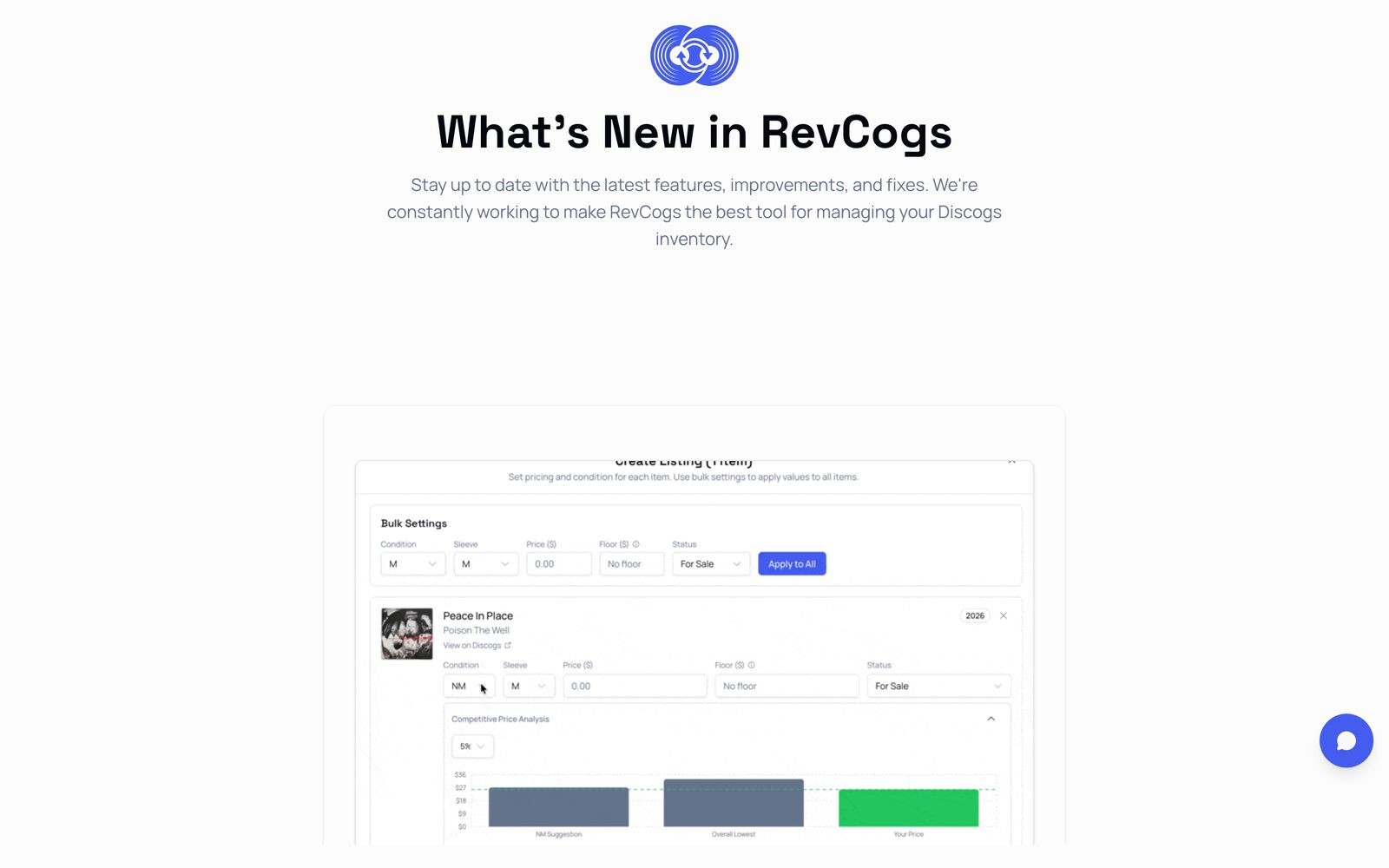 Product updates — an embedded bulk-listing UI with competitive price analysis.
