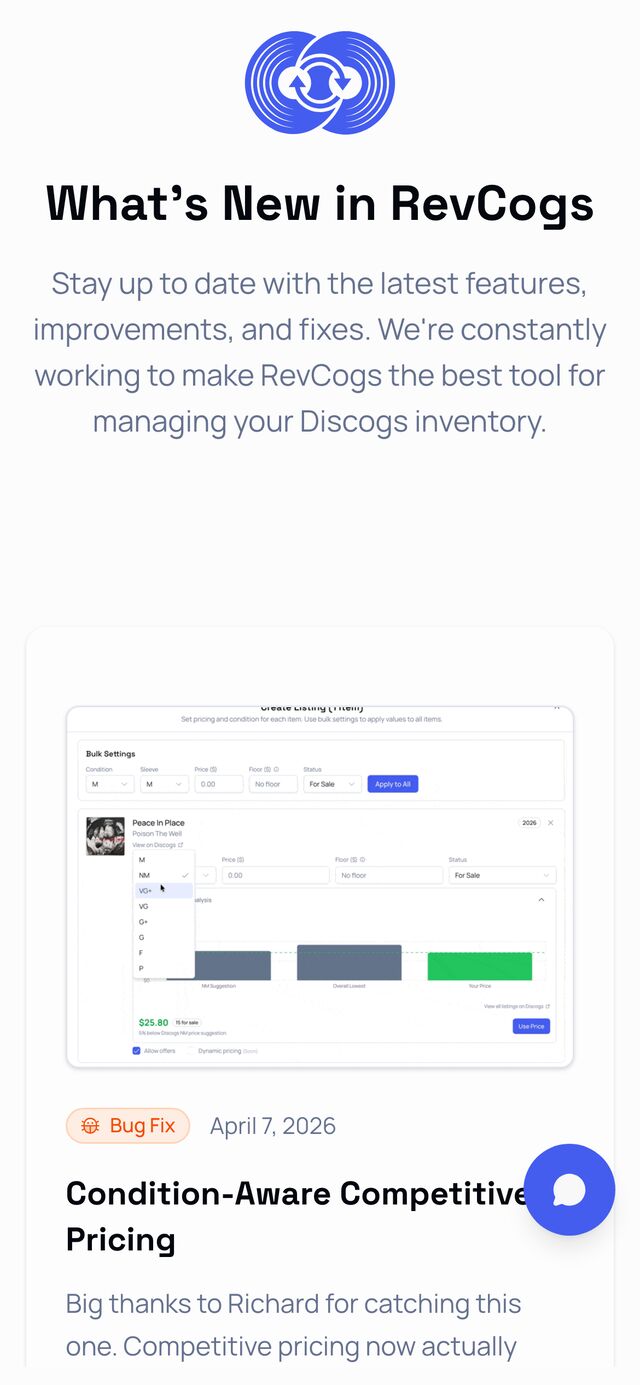 Updates feed on mobile — product screenshot and changelog entry.